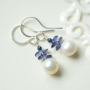 Iolite Gemstone and White Pearl Earrings - Handmade